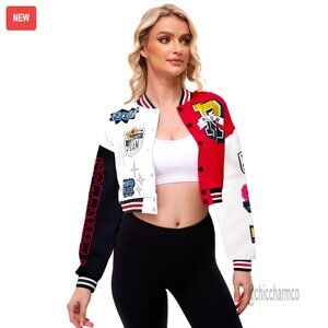 Cropped Varsity Bomber Jacket Lightweight Polyester Spandex Button Pockets